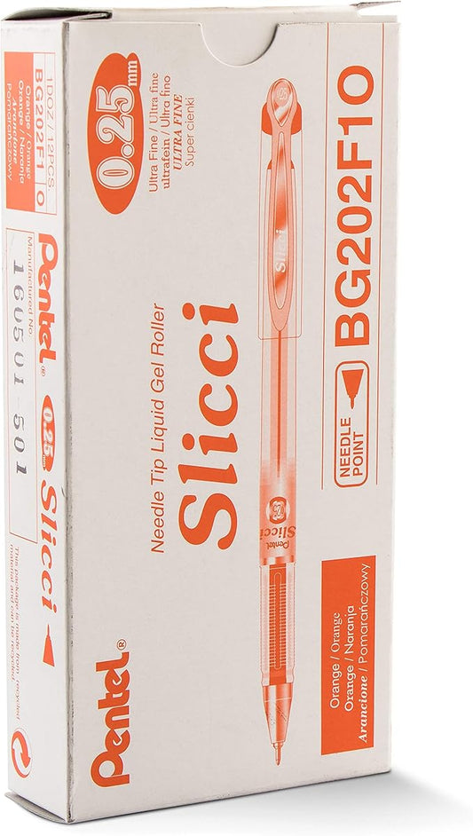 Pentel Arts Slicci 0.25 mm Extra Fine Gel Pen, Orange Ink, Box of 12 (BG202-F1)-DeskLoop Office