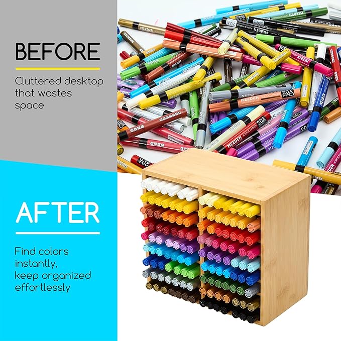 MEEDEN Bamboo Marker Holder Organizer: Holds 126 Pens with 18 Compartments- Art Supply Storage & Holder for Alcohol Markers,Pens,Pencils