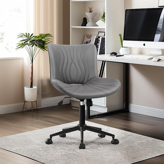 Office Chair, Armless Desk Chair with Wheels, Ergonomic Comfy Home Office Computer Task Chairs, Faux Leather Padded Cute Vanity Chair, Adjustable Height Swivel Chair with Back,Gray-DeskLoop Office