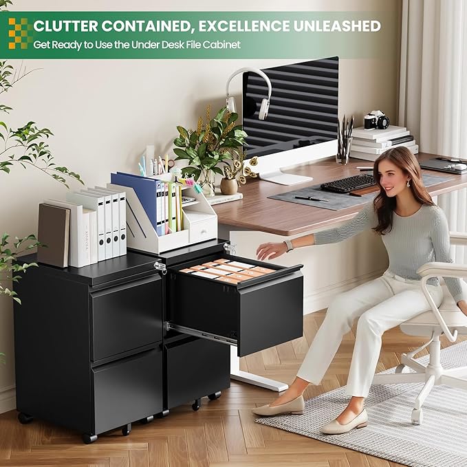 2 Drawer Metal File Cabinet with Lock, Rolling File Cabinets with Lock for A4/Legal/Letter Size, Under Desk Filing Cabinet for Home Office Assembly Required(Black)-DeskLoop Office