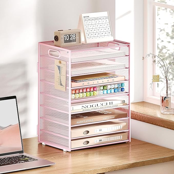 Subekyu 9 Tier Paper Letter File Tray Organizer for Desk, Pink Large Mesh Desk Folder Sorter Organizer with Handle, Include 6 Pcs Adjustable Height Slid Tray for Office Home School Supplies Storage-DeskLoop Office
