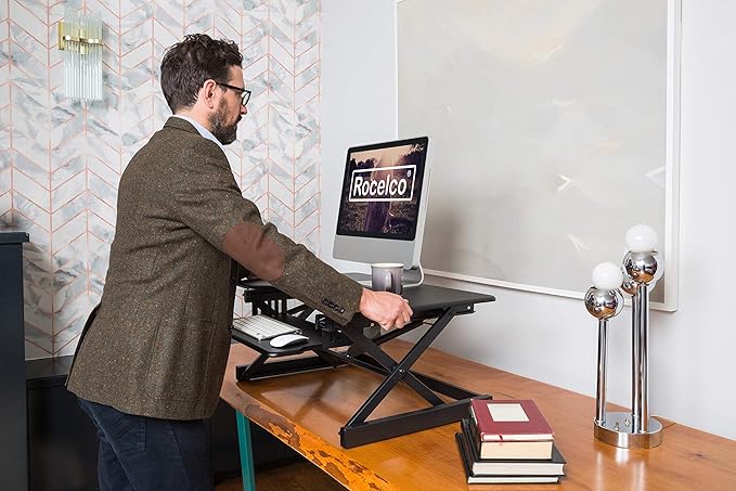 Rocelco 38" Large Height Adjustable Standing Desk Converter - Quick Sit Stand Up Dual Monitor Riser - Gas Spring Assist Tabletop Computer Workstation - Retractable Keyboard Tray - Black (R DADRB-38)-DeskLoop Office