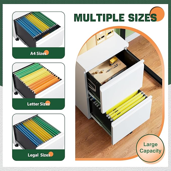 Letaya 2 Drawer Mobile File Cabinet with Lock,Under Desk Metal Filing Cabinets for Home Office Organizer Letters/Legal/A4(Fully Assembled-White)-DeskLoop Office