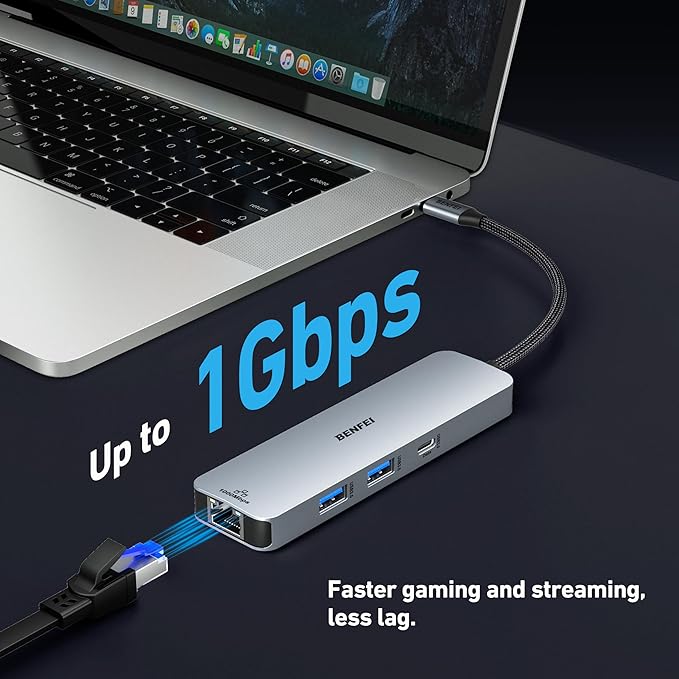 BENFEI 6-in-1 USB C Hub with HDMI(4K@60Hz), 2 USB-A, 1 USB-C Data, 100W Charge, Gigabit Ethernet, Silicone Tangle-Free Cable Compatible with MacBook Pro/Air, iPad Pro, iMac, iPhone 15 Pro/Pro Max-DeskLoop Office