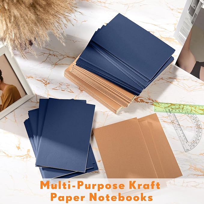 Mimorou 100 Pcs Kraft Notebook Journals 5.5 Inch x 8.3 Inch A5 Softcover Notebooks Bulk for Writing Sketch Office Notepad with 60 Pages 30 Sheets(Brown, Navy,Lined)-DeskLoop Office