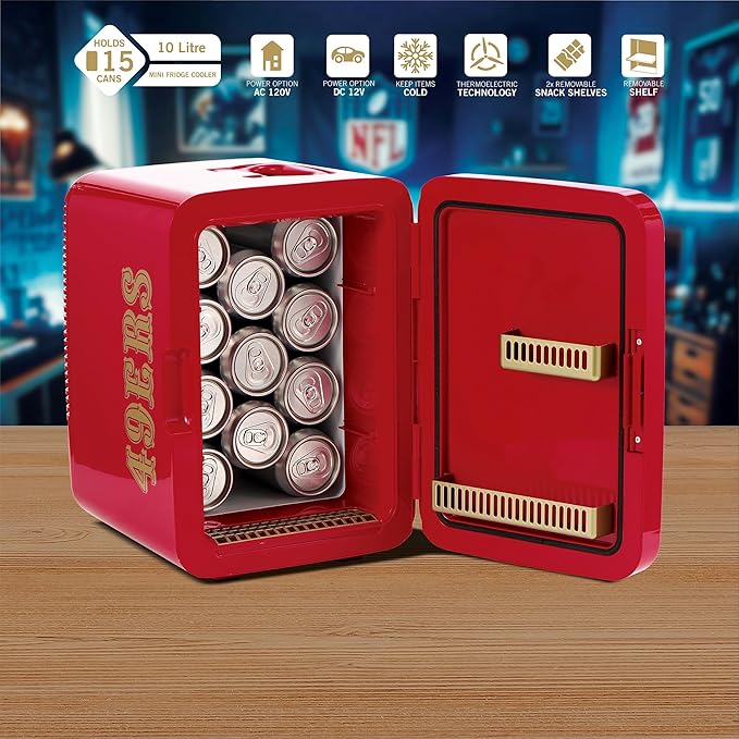 Ukonic NFL San Francisco 49ers 15-Can Mini Fridge 10L – AC/DC Powered, Official Team Colors & Logo, Portable Cooler for Tailgates, Home, Office, or Car-DeskLoop Office