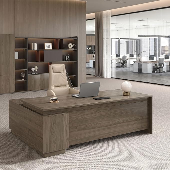 Executive Office Desk with Reversible Cabinets, Lockable Drawers, Cable Box & Privacy Panel – Modern Wood Grain Desk for Home Office or Business Use(Black Walnut,63" L*32" W*30" H)-DeskLoop Office