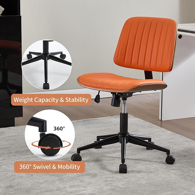 Small Home Office Chair - Armless Mid Back Desk Chair with 360° Swivel and Wheels, PU Upholstered Height Adjustable Modern Walnut Computer Chair for Home, Office Meeting Room - Orange-DeskLoop Office