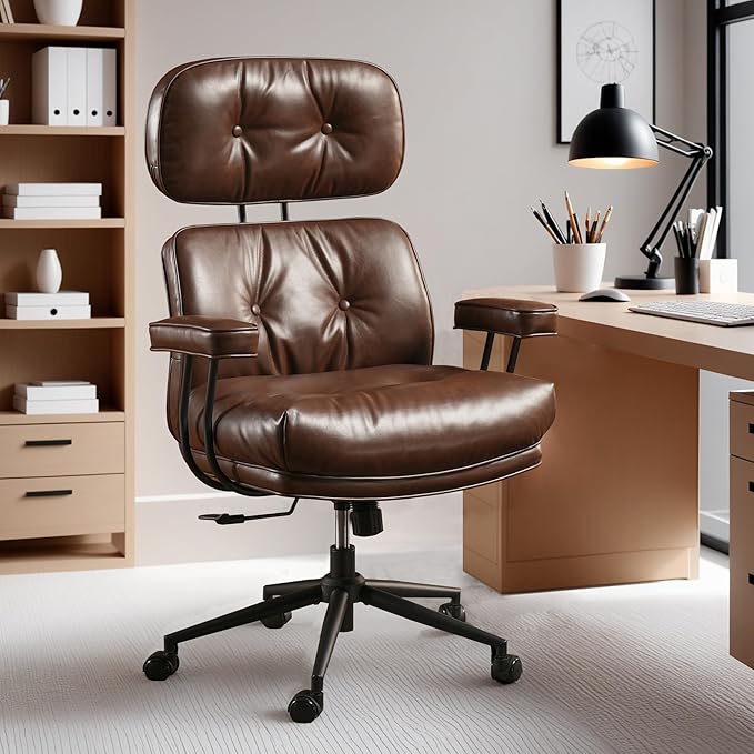 ovios Home Office Chair, Mid-Century Modern Faux PU Leather Chairs with Lumbar Support Comfy Thick Cushion, High Back Ergonomic Swivel Rolling Executive Armchair (Dark Brown, PU Leather)-DeskLoop Office