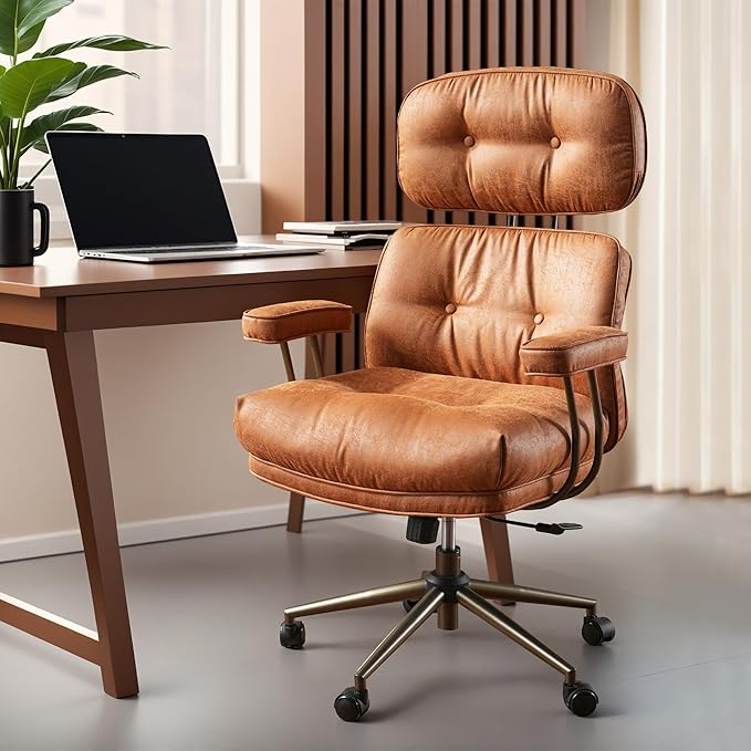 ovios Ergonomic Home Office Chair, Mid-Century Modern Faux Leather Chairs with Thickened Cushions, Comfy High Back Swivel Rolling Executive Computer Armchair (Brown, Suede Leather)-DeskLoop Office
