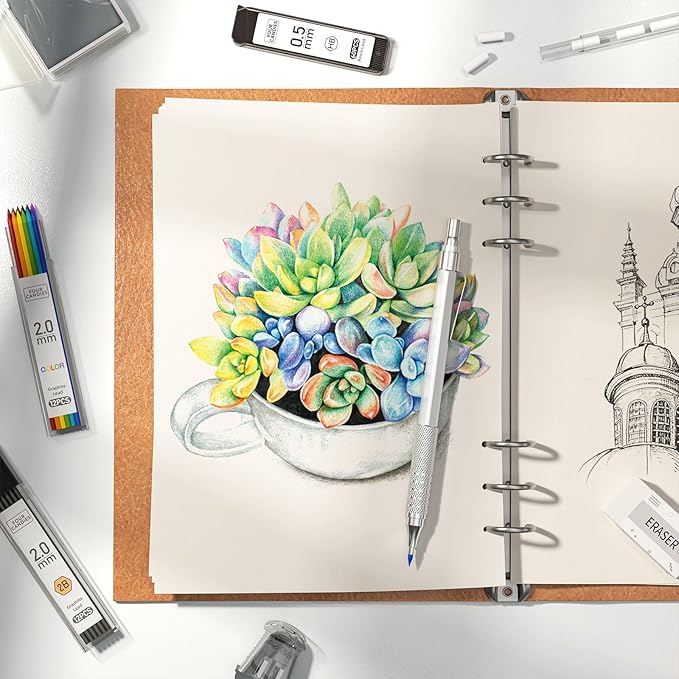 Four Candies Metal Mechanical Pencil Set, 3PCS Art Drafting Pencils 0.5, 0.7, 0.9MM & 2PCS 2MM Mechanical Drawing Pencils with 420PCS Leads (4B 2B HB 2H Color) for Writing Sketching Drawing (Silver)-DeskLoop Office