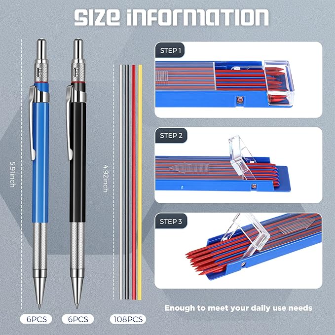 Nezyo 12 Pieces Welder Pencil with 108 Pieces Round Refills Mechanical Metal Pencil Marker with Built in Sharpener Pen for Construction Workers, Metal Work, Plumbers, Framers-DeskLoop Office