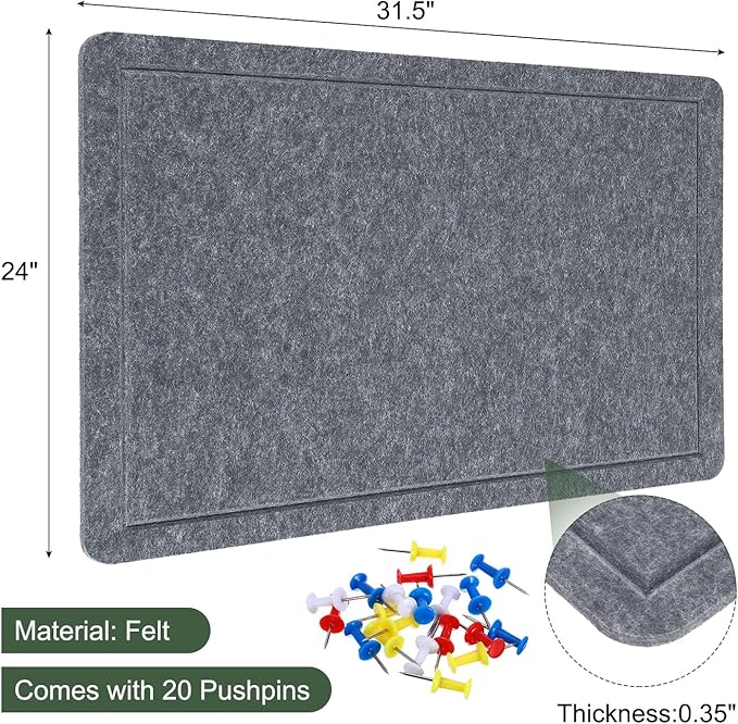 YOKIVE Felt Bulletin Board, 31.5 x 24 -Inch Foldable Decorative Pin Board Self Adhesive Felt Cork Board with 20 Pushpins, Great for Wall, Photo Display, Paste Note, Schedule(Gray)-DeskLoop Office