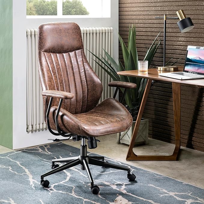 ovios Ergonomic Home Office Chair, Mid-Century Modern Faux Leather Chairs with Padded Armrests, Comfy High Back Swivel Rolling Executive Computer Armchair (Dark Brown, Suede Leather)-DeskLoop Office