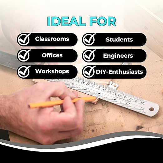 NOKKO Metal Ruler 12 Inch - Pack of 10 - Measuring Set of 12-Inch / 30 cm Stainless Steel Rulers with Imperial & Metric Measurements & Conversion Table - Metal Straight Edge Ruler for Cutting-DeskLoop Office