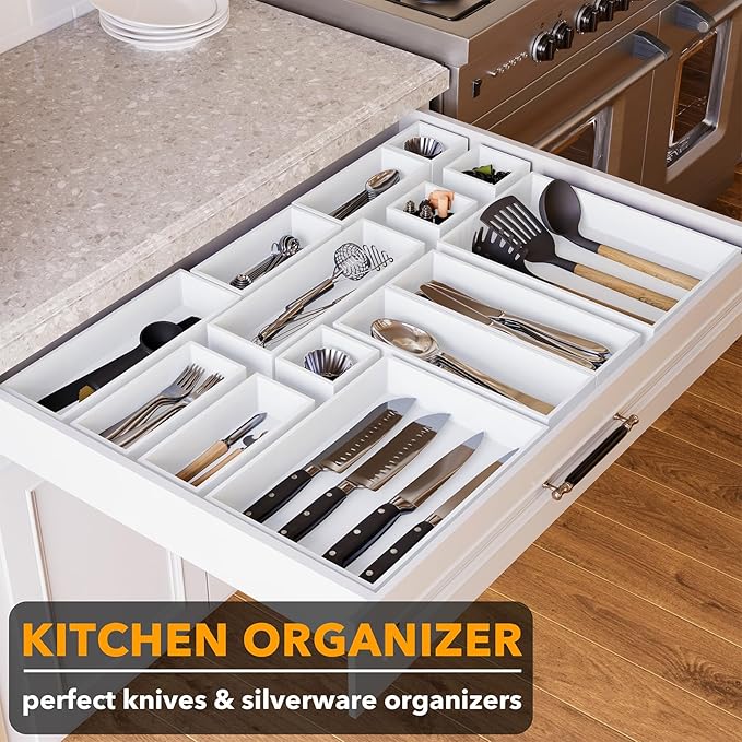 SpaceAid 14-Piece Bamboo Drawer Organizer Storage Boxes Set, Wood Tray Junk Drawer Organizers Multi-Use Divider Bins for Kitchen, Bathroom, Office Desk and Makeup Organization (14 Pack, White)-DeskLoop Office