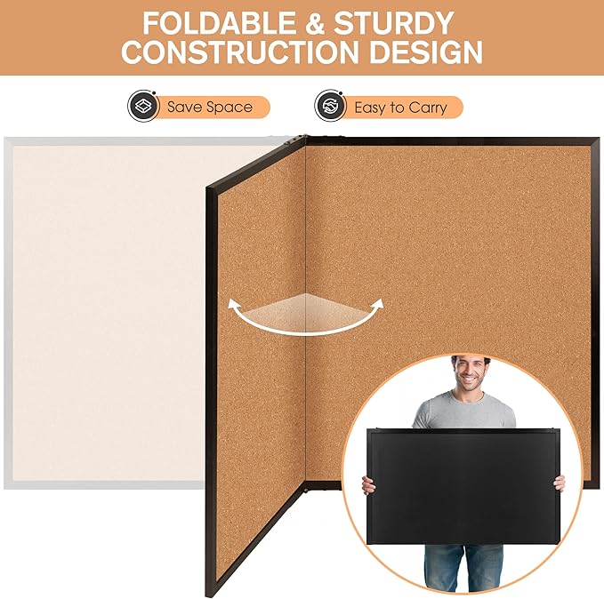 Board2by Extra Large Cork Bulletin Board 72" X 48", Foldable Notice Pin Board for Wall, Black Wood Framed 6'x4' Corkboard, Wall Mounted Noticeboard with 32 Push Pins for School, Home & Office-DeskLoop Office