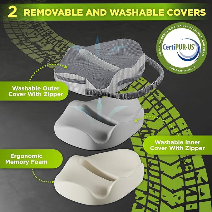 XL Truck Seat Cushion for Truck Driver Seat Cushion - Upgraded Back Support, CertiPUR-USยฎ Certified - Thick Memory Foam, Pain Relief for Hours of Driving, Trucker Approved Big Rig - Gray
