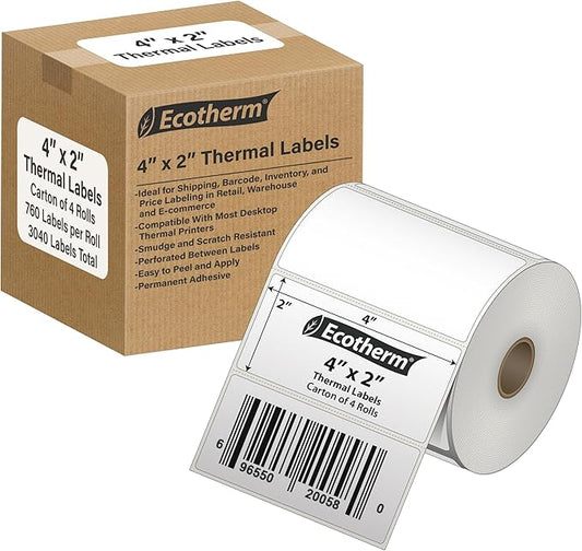 4" x 2" Thermal Labels | 4 Rolls | 3040 Labels | fits Zebra, Munbyn, Rollo, Godex, Arkscan, iDPRT, Offnova Thermal Label Printers and More | Blank White Adhesive Stickers by Ecotherm-DeskLoop Office