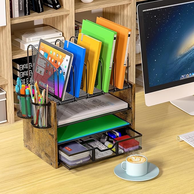 4-Tier Mesh Desk Organizer, Wooden Desk File Organizer with 5 Vertical File Holders and 2 Pen Holders, Desktop Organizers and Accessories with Drawer for Home Office-DeskLoop Office