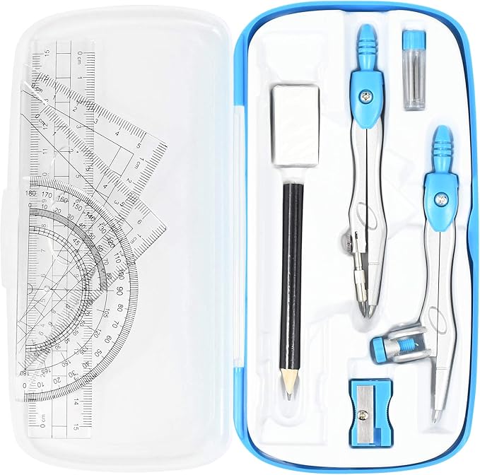 Math Geometry Kit Sets 10 Piece Student Supplies with Shatterproof Storage Box,Includes Rulers,Protractor,Compass,Eraser,Pencil Sharpener,Lead Refills,Pencil,for Drafting and Drawings(Blue)-DeskLoop Office