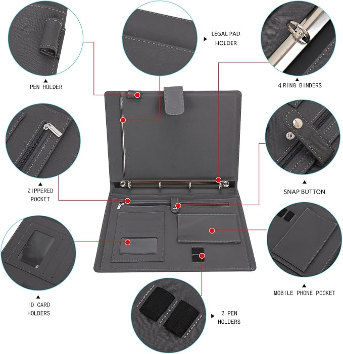 Wonderpool A4 PU Leather 3 & 4 Ring Holder Writing Portfolio Multi Document Case - Image 8