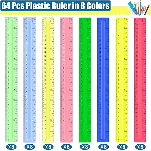 Ruler, 64 Packs 12 Inch Clear Plastic Assorted Color Metric Bulk Rulers with Inches Centimeters Millimeter. Measuring Drawing Tool for Kids, Ideal Back to School Classroom Office Home Supplies-DeskLoop Office