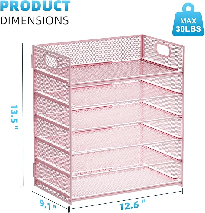Marbrasse 2 Pack Desk Organizer with Handle, 6 Tier Paper Letter Tray, Mesh Desk File Organizer for Office, School and Home - Pink-DeskLoop Office