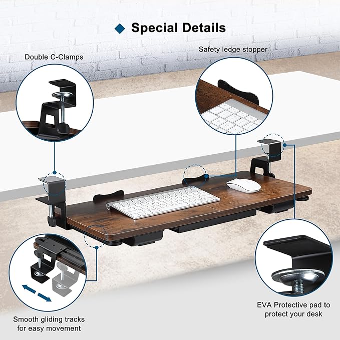Keyboard Tray Under Desk with Drawer,26.77" X 11.81"Large Size Keyboard Tray with C Clamp-on Mount, Easy to Install, for Home Office (Mahogany)-DeskLoop Office