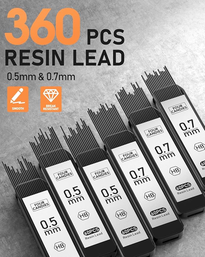 Four Candies 2PCS Metal Mechanical Pencils Set with Case, 0.5mm & 0.7 mm Artist Pencil with 6 Tubes (360PCS) HB Lead Refills, 3 Erasers,9 Eraser Refills For Writing Drafting, Drawing, Black&Silver-DeskLoop Office