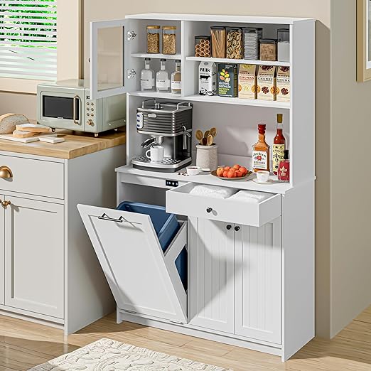 OLD CAPTAIN Tilt Out Trash Cabinet with Deodorising Function, Kitchen Hutch with Microwave Shelf and Drawer, Kitchen Pantry with Trash Cabinet for 10 Gallons, White-DeskLoop Office