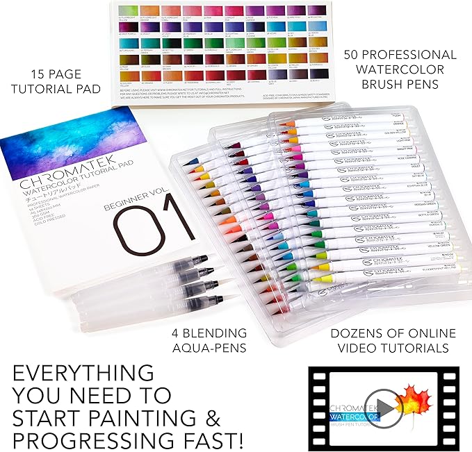 CHROMATEK 54 Watercolor Pens Set | Including 15 Page Pad & Online Video Tutorial Series | 4 Aquapens & 50 Unique Colors | Real Brush Pens | Easily Blendable, Vivid, Smooth | Professional Art Supplies-DeskLoop Office