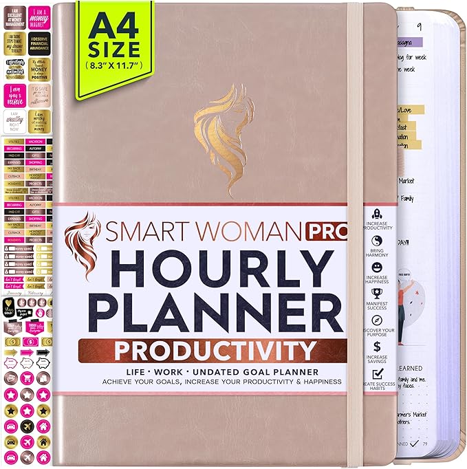 Hourly Planner - Undated Daily, Weekly & Monthly Planner with Budget Section | A 12 Month Journey to Increase Productivity & Happiness | Life Organizer & Gratitude Journal - Vertical Format-DeskLoop Office