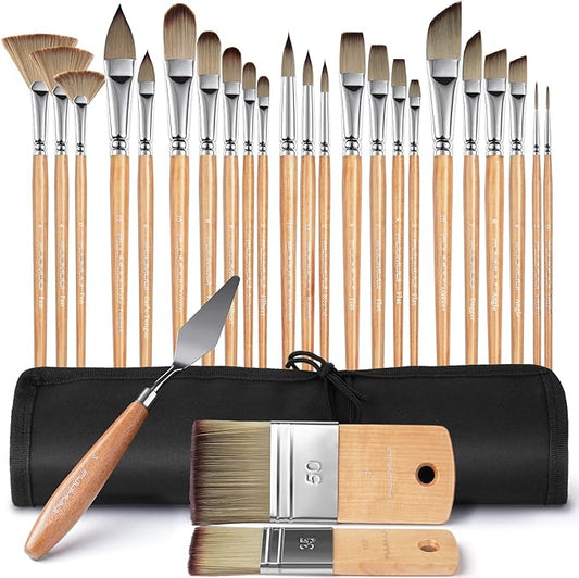 Fuumuui 26pcs Paint Brushes, Professional Acrylic Paint Brush Set Artists Complete Range of Sizes with Upgraded Short Handle Wide Flat & Palette Knife for Acrylic, Oil, Watercolor, Gouache-DeskLoop Office