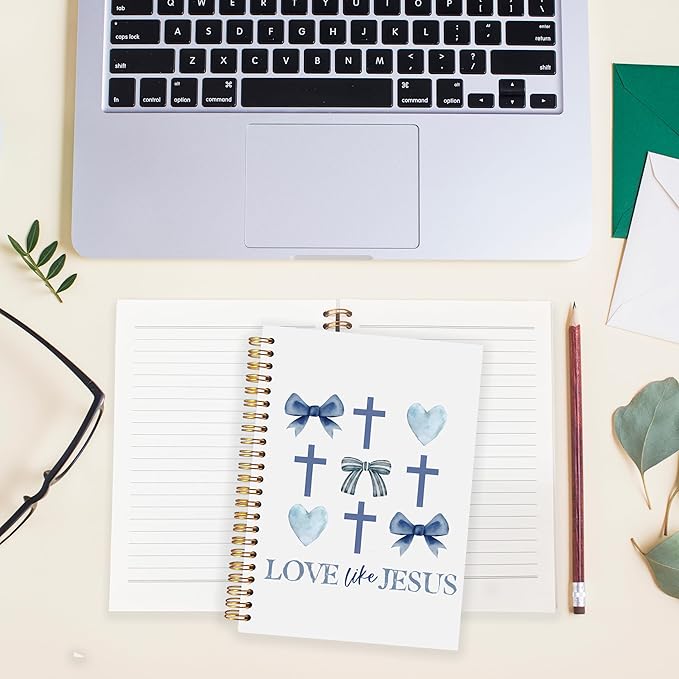 BearCake Love Like Jesus Christian Notebook Journal, Christian Gifts for Women, Blue Coquette Bow Cross Prayer Journal for Woman, Bible Journaling Hardcover Spiral Notebook 5.5x8.3-DeskLoop Office