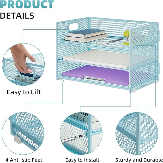 Marbrasse 3 Tier Paper Organizer Letter Tray, Mesh File Organizer with Handle, Paper Sorter Desk Organizer for Home Office Supplies - 2p Blue-DeskLoop Office