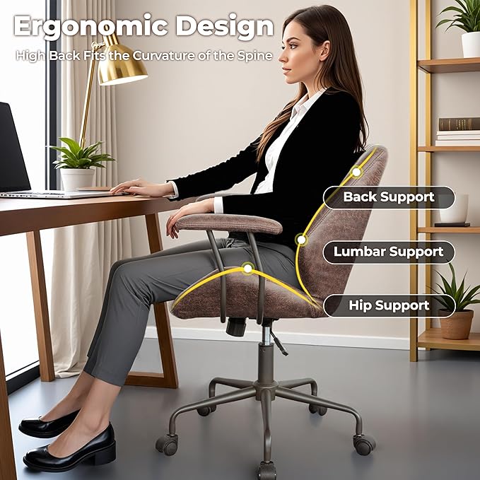 ovios Ergonomic Home Office Chair, Mid-Century Modern Faux Leather Chairs with Padded Armrests, Comfy Mid Back Swivel Rolling Executive Computer Armchair (Dark Brown, Suede Leather)-DeskLoop Office
