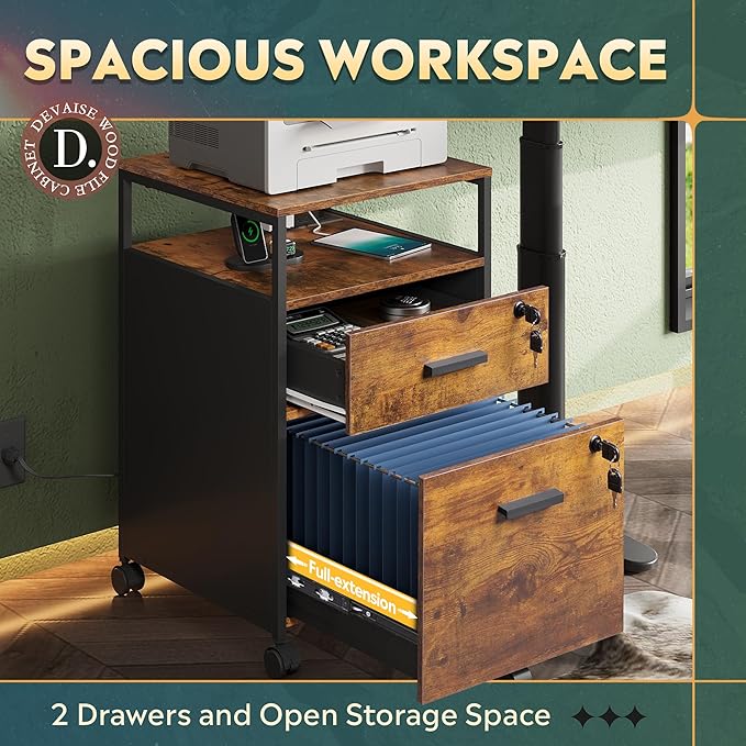 DEVAISE 2 Drawer File Cabinet with Lock and Charging Station, Wood Filing Cabinet fits A4 or Letter Size, Mobile Printer Stand with Open Storage Shelf for Home Office, Rustic Brown-DeskLoop Office