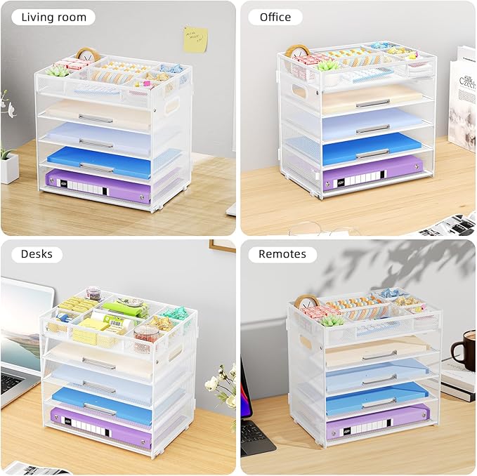 Marbrasse 5-Tier Letter Tray Paper Organizer with Handle, Multi-Functional Mesh File Organizer for Desk, Adjustable Compartments Mesh Desktop Storage for Office Supplies,White-DeskLoop Office