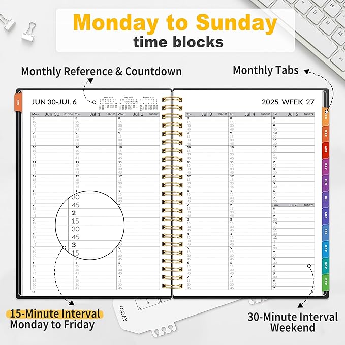 SUNEE 2025-2026 Appointment Book, Quarter-Hourly, Weekly & Monthly - from July 2025 to June 2026, 6.4"x8.3" Academic Planner, Flexible Cover, Note Pages, Bookmark, Spiral Binding, Black-DeskLoop Office