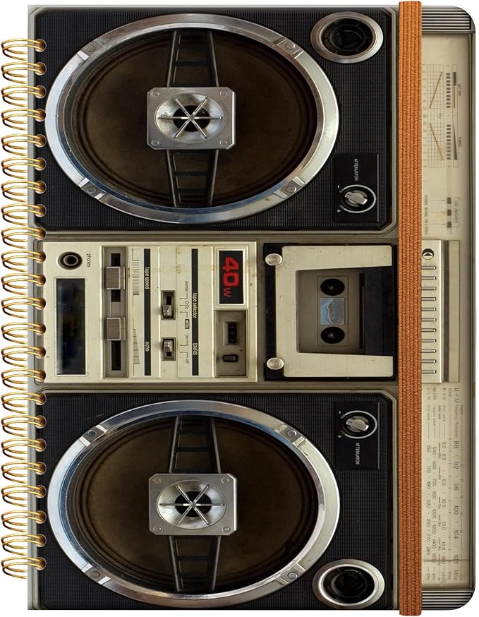 Ruled Spiral Writing Notebook,A5 Hardcover Lined College Journal for Women Lady,Fashion Puppy Watercolor Strong Twin-Wire Binding with Premium Paper,8.4" X 6",Perfect for School,Office,Home Gifts(Tape Recorder Vintage)-DeskLoop Office