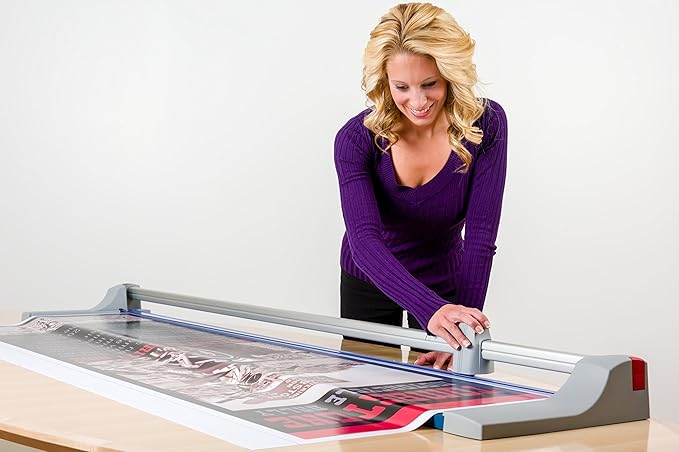 Dahle Large Format Premium Rolling Trimmer, 72" Cut Length, 12 Sheets Capacity, Cut Mat Board, Self-sharpening Blade Cuts in Both Directions, Ground Steel Blade, Automatic Clamp Holds (472)-DeskLoop Office