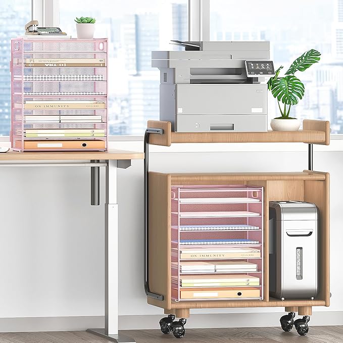 Subekyu 9 Tier Paper Letter File Tray Organizer for Desk, Pink Large Mesh Desk Folder Sorter Organizer with Handle, Include 6 Pcs Adjustable Height Slid Tray for Office Home School Supplies Storage-DeskLoop Office