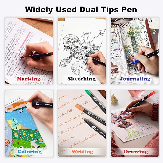 Dual Markers Brush Pens, 100 Coloring Pens and Fine Tips – Premium Art Supplies for Kids & Adults, Perfect for Coloring Books, Hand Lettering, Calligraphy, and Drawing-DeskLoop Office