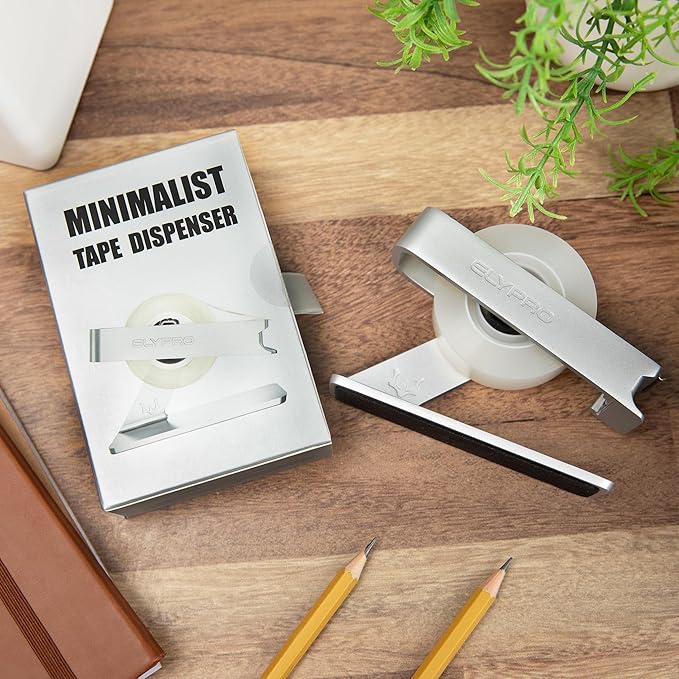 ELYPRO Modern Tape Dispenser for Office Desk - Elegant and Minimalist Design, Heavy Metal Made, Space-Saving, Perfect for Office & Home Use or as a Stylish Gift - Bonus Tape Roll Included (Silver)-DeskLoop Office