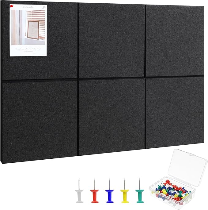 Large Cork Board 36" x 24", 6 Pack Felt Wall Tiles with 30 Pcs Pushpins, Bulletin Board with Removable Self-Adhesive Strips, Pin Boards Cork Boards for Walls Office Home Classroom Decor-Black-DeskLoop Office