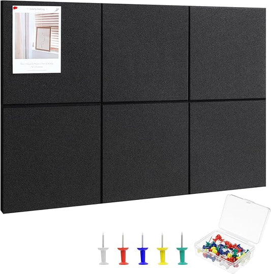 Large Cork Board 36" x 24", 6 Pack Felt Wall Tiles with 30 Pcs Pushpins, Bulletin Board with Removable Self-Adhesive Strips, Pin Boards Cork Boards for Walls Office Home Classroom Decor-Black-DeskLoop Office