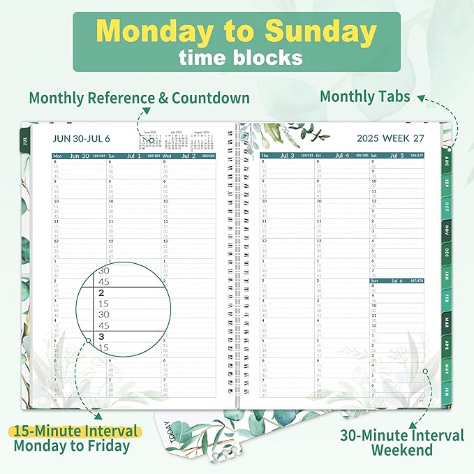 SUNEE 2025-2026 Appointment Book, Quarter-Hourly, Weekly & Monthly - from July 2025 to June 2026, 8.5"x11" Academic Planner, Flexible Cover, Note Pages, Bookmark, Spiral Binding, Leaves-DeskLoop Office