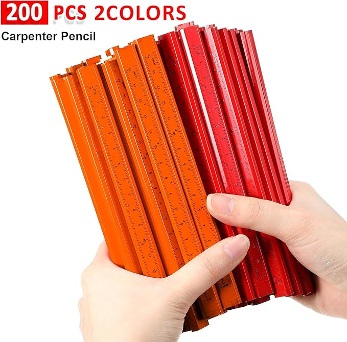 Honoson 200 Pcs Flat Construction Pencils with Printed Ruler Wood Graphite 2 Pcs Carpenter Pencil Sharpener for Woodworking Marking Tool (Orange and Red)-DeskLoop Office