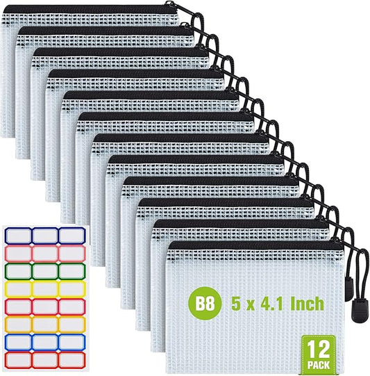 12 Pcs Plastic Mesh Zip File Bags, Waterproof Tear-Resistant Document File Folders, B8 Size Zipper Documents Pouch Document Organizer Bags for School Office Home Travel Storage(5×4.1 Inch)-DeskLoop Office